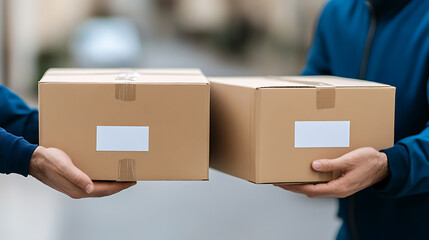 Two boxes are being delivered by two people wearing blue shirts. The boxes have a label on them, ready for delivery to your home or business.
