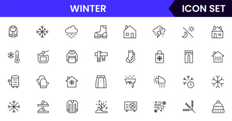 Winter vector web line icon collection, sleek illustrations of snowflakes, scarves, sleds, ice for chilly, seasonal designs.