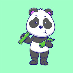 Obraz premium A cute cartoon panda standing while happily eating bamboo, designed in a playful and colorful style, perfect for representing wildlife, nature, and Asian forest themes. 