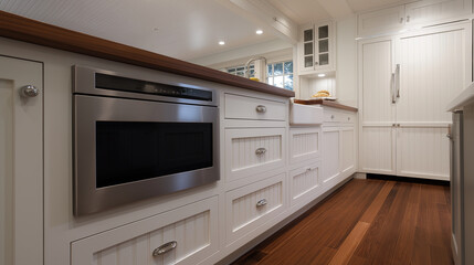 Elegant kitchen interior showcasing custom cabinetry, stainless steel appliances and wooden floors