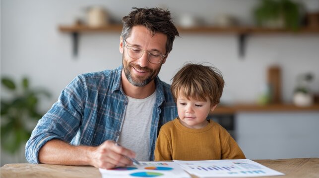 Remote professional multitasking, balancing parental responsibilities with work duties, reviewing financial data while holding infant near laptop in home kitchen setting