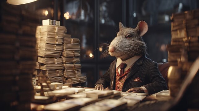 Sitting Rat in Suit Surrounded by Money at Desk
