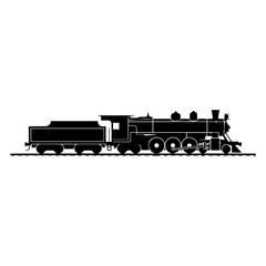 Classic black silhouette of a vintage steam locomotive and tender on railroad tracks