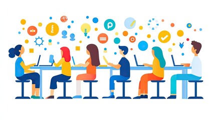 Diverse team collaborating on digital projects with laptops and creative cloud concept