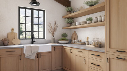Fototapeta premium A bright and modern kitchen design featuring natural wood elements and minimalist decor that