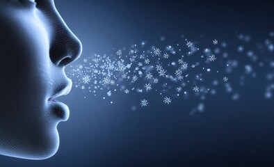 Digital depiction of a person exhaling snowflakes