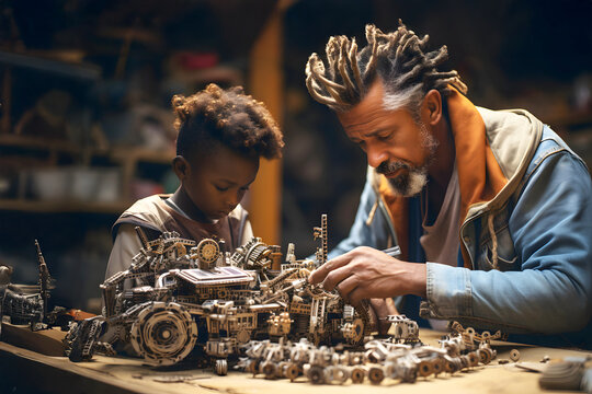 Grandfather teaches grandson the art of model building in a workshop filled with tools and creativity