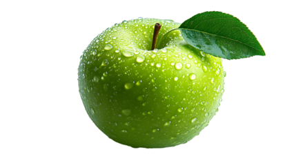 Fresh green apple with dew drops on black background