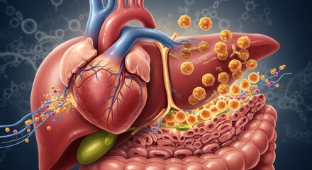 Detailed Medical Illustration of Human Heart and Digestive System with Bacteria and Cells