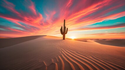 Cactus Standing Tall on Desert Sand Dune at Colorful Sunset
