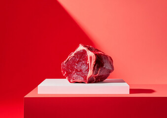 Fresh raw red premium beef fillet for perfect steak on red background as creative advertising banner.Macro.AI Generative.