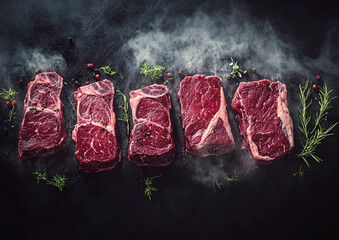 Creative advertising of fresh raw red beef slices for perfect steak on black background.Macro.AI Generative.
