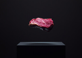 Creative advertising of fresh raw red beef slices for perfect steak on black background.Macro.AI Generative.