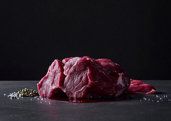 Creative advertising of fresh raw red beef slices for perfect steak on black background.Macro.AI Generative.