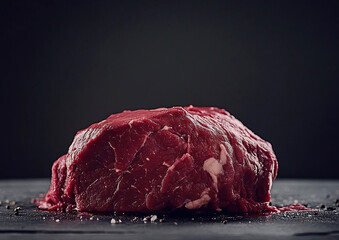 Creative advertising of fresh raw red beef slices for perfect steak on black background.Macro.AI Generative.