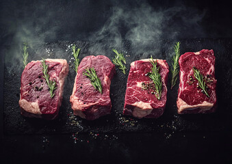 Creative advertising of fresh raw red beef slices for perfect steak on black background.Macro.AI Generative.