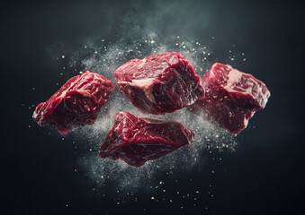 Creative advertising of fresh raw red beef slices for perfect steak on black background.Macro.AI Generative.