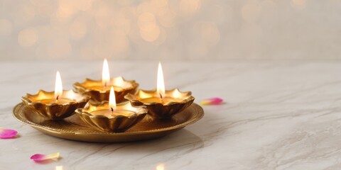 Traditional indian brass plate with lit oil lamps on a marble surface