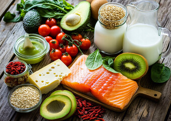 Assorted mix of various high fibre and protein food for healthy lifestyle with vegetables and nuts with salmon and avocado.Macro.AI Generative.