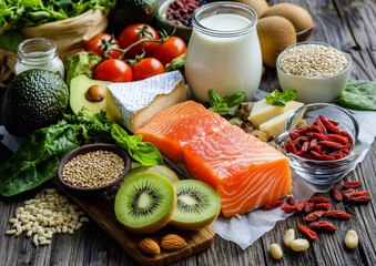 High fibre and protein food for healthy lifestyle like salmon with avocado, kiwi and vegetables with seeds and nuts.Macro.AI Generative.