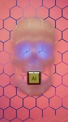 Human skull with AI chip behind hexagon pattern and purple gradient background
