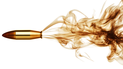 Bullet in motion with dynamic smoke trail on black background