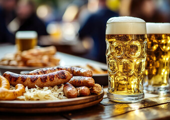 Large glasses of cold lager craft beer with sausages and cabbage on table during big weekend beer traditional party.Macro.AI Generative.