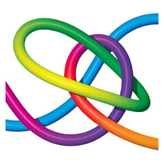 Vibrant rainbow colored tangle toy with multiple intertwined segments creating a complex knot pattern on a white background