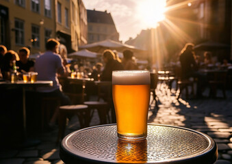 Glass of cold lager beer on table of street pub with blurred people gathering in city centre on warm summer evening.Macro.AI Generative.