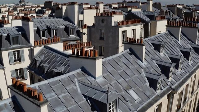 Parisian city architecture: typical buildings and rooftops in the Marais