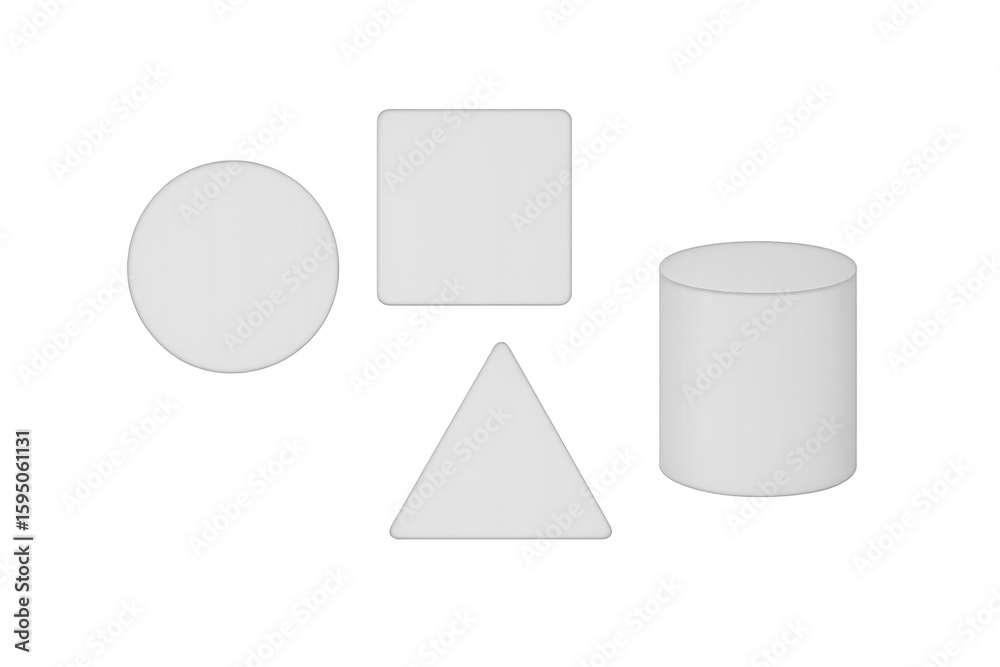 Fototapete 3d rendering showcasing white geometric forms - circle, square, triangle, cylinder - floating agains