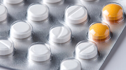Pills in blister pack - White and orange round tablets. Healthcare, supplements, medication. Close-up shot of medical capsules.