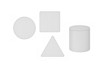 3d rendering showcasing white geometric forms - circle, square, triangle, cylinder - floating against transparent backdrop