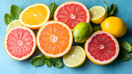 A vibrant assortment of fresh citrus fruits, including oranges, grapefruits, lemons, and limes, cut in half and arranged on a blue background with mint leaves.