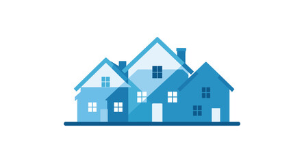  A stylized illustration of several blue houses, overlapping and clustered together