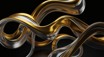 Golden metallic waves flow across an abstract liquid background, creating a vibrant pattern of swirling lines and blue artistic curves.