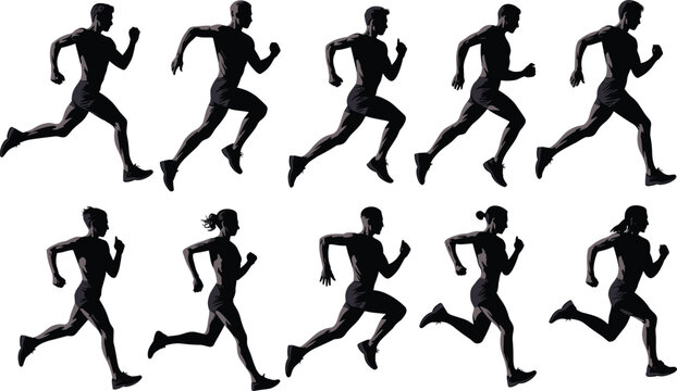 Silhouettes of male and female runners in motion, athletic sprint poses, workout training, sport exercise concept for fitness design