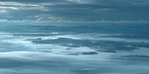 Fototapeta premium Serene landscape view of misty islands at dawn aerial photography nature tranquil environment scenic perspective