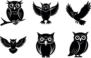 Obraz premium Collection of different owl poses black silhouette vector illustration