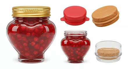 Heart shaped glass jars filled with red fruit preserve