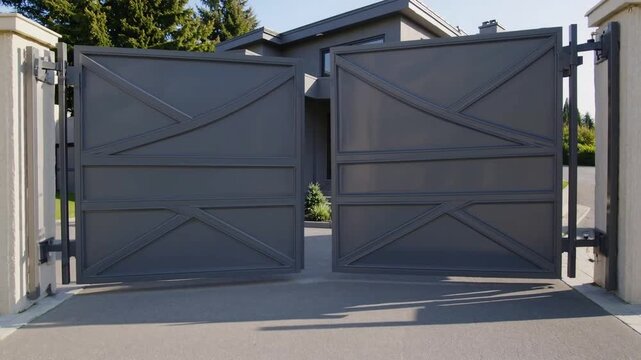 Metallic Double-Door Driveway Entrance Gates and Grey Garage of Suburban Residence