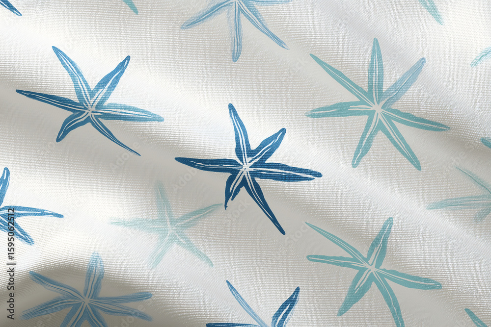 Poster a close-up view of multiple blue starfish patterns. they are scattered over a background and have a 