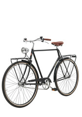 Fototapeta premium A meticulously detailed classic vintage city bicycle with a black matte step-through frame, brown leather saddle and grips, chrome headlamp, and black metal luggage rack, on a transparent isolated