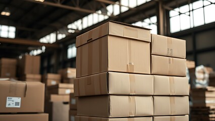 A stack of cardboard boxes in a warehouse setting, featuring muted tones and subtle lighting.