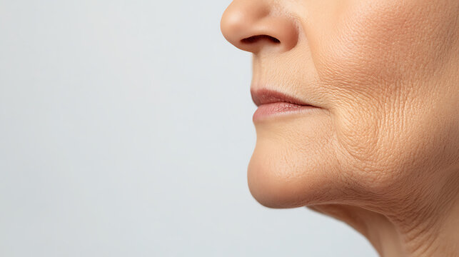 Mature skin texture, highlighting the natural aging process with wrinkles, folds, and sagging around the jawline and mouth area.