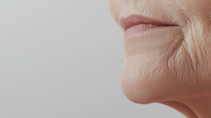 Close-up of aging skin showing natural wrinkles and texture on an individual's face.