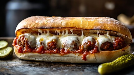 Meatball Sub with Melted Cheese and Tomato Sauce Served on a Hoagie Roll