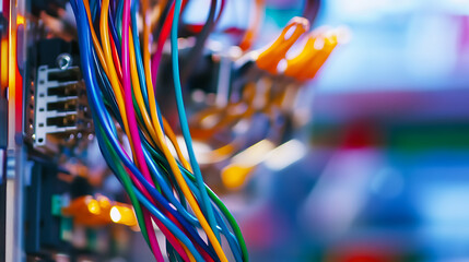 A vibrant network of colorful wires connecting electronic components, forming a complex system for data and power transmission in a blurred technological environment.