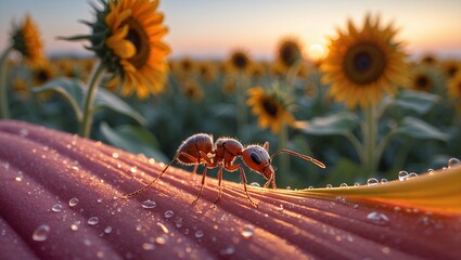 Ant walking on petal with dewdrops in sunflower field at sunset