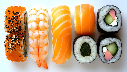 An overhead shot of an arrangement of assorted sushi rolls, including California rolls, shrimp nigiri, and salmon nigiri, on a white background.